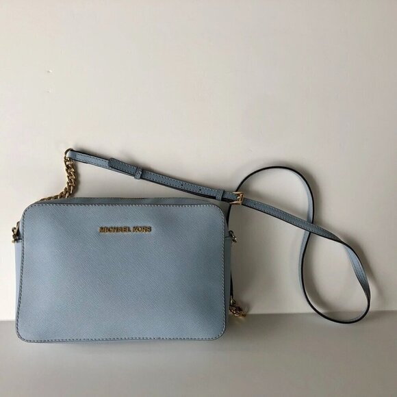 MICHAEL KORS JET SET SAFFIANO LEATHER CROSSBODY POWDER PALE BLUE Gold Hardware - Picture 6 of 16